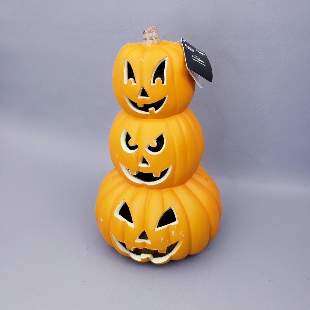 3 Pumpkin Tower Jack-o-Lantern Stack Light Up Lamp Halloween Decor Works 14”